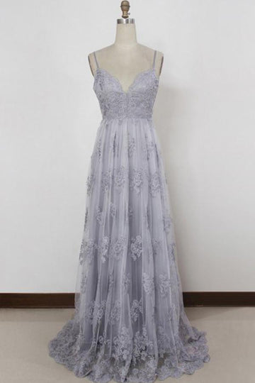 Spaghetti Straps A Line Silver Gray Tulle Prom Dress JTA3931