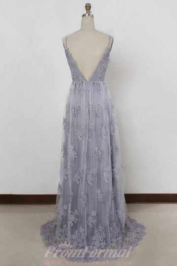 Spaghetti Straps A Line Silver Gray Tulle Prom Dress JTA3931