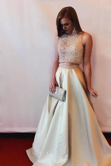 Champagne Two Piece Beaded Satin Prom Dress JTA3941