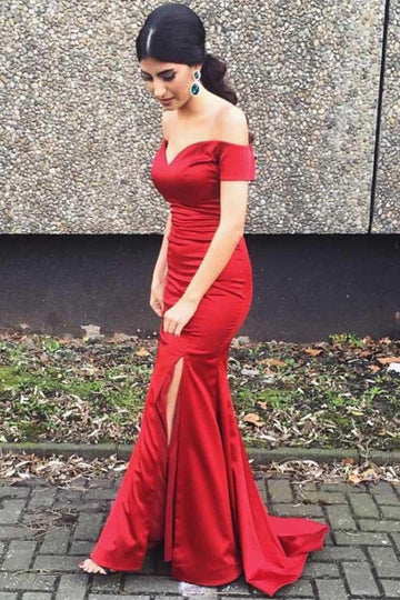 Red Mermaid Prom Dress Off The Shoulder With Side Slit JTA3991