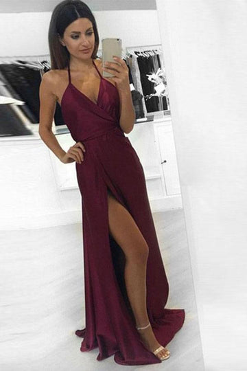 Sexy A Line Halter Burgundy Evening Dress JTA4011