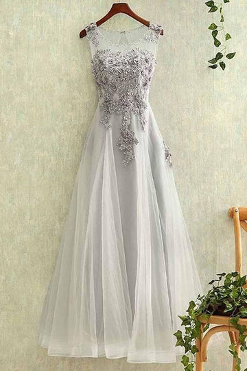 Silver A Line Tulle Lace Applique Evening Dress JTA4121