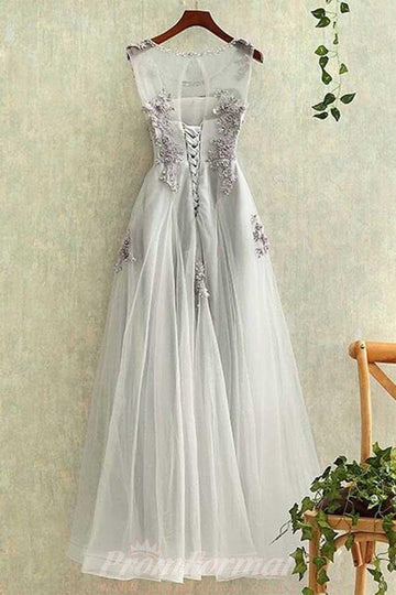 Silver A Line Tulle Lace Applique Evening Dress JTA4121