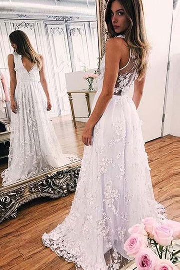 A Line White Lace V Neck Evening Dress JTA4171