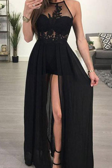 A Line Halter Black Chiffon Sexy Slit Formal Dress JTA4201