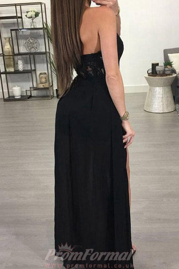 A Line Halter Black Chiffon Sexy Slit Formal Dress JTA4201