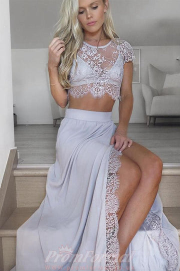 Two Piece Round Neck Light Gray Chiffon Evening Dress with Lace Split JTA4231