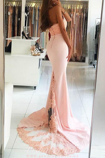 Mermaid Halter Pink Satin Prom Dress with Beading Lace JTA4261