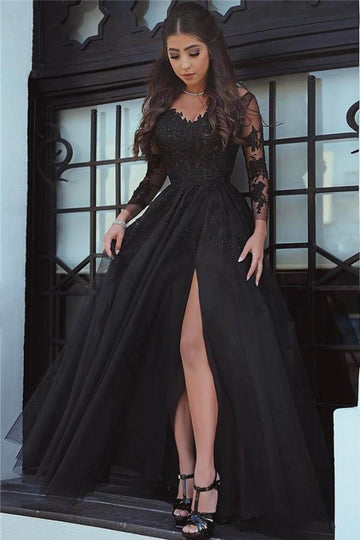 A Line Slit Lace Black Long Sleeve Prom Dress JTA4311