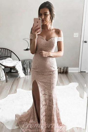 Mermaid Off The Shoulder Split-Side Pink Lace Prom Dress JTA4341