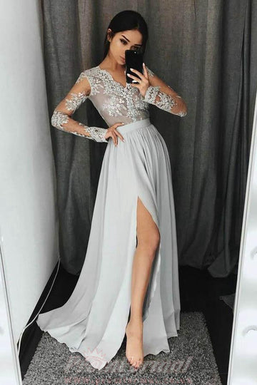 V Neck Long Sleeve Light Grey Chiffon Prom Dress with Appliques JTA4351