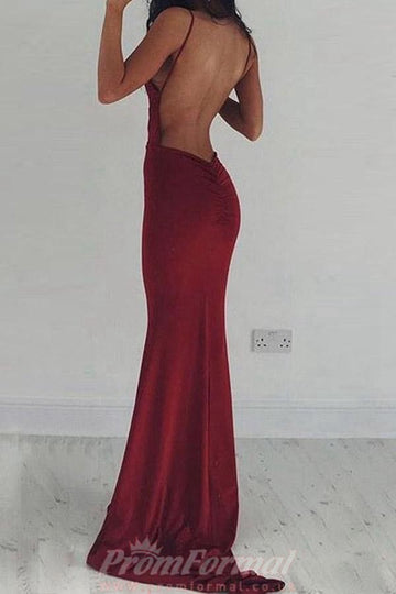 Sexy Mermaid Deep V Neck Burgundy Satin Evening Dress JTA4371