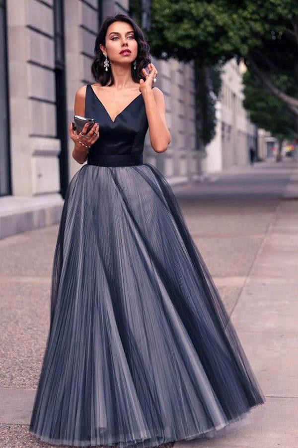 V Neck Tulle NavyProm Dress JTA4391