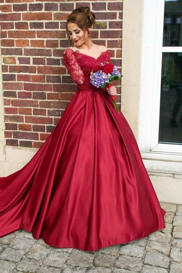 Princess Off The Shoulder Long Sleeves Burgundy Satin Prom Dress JTA4411