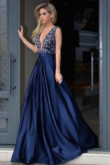 A Line V Neck Royal Blue Satin Beading Prom Dress JTA4431