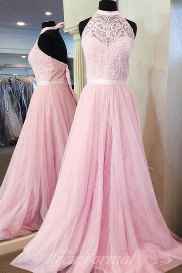 A Line Halter Pink Tulle Prom Dress with Sash Lace JTA4491