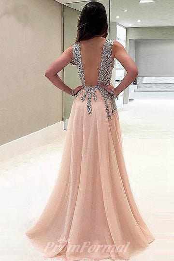 Pink Slit V Neck Tulle Prom Dress with Beading JTA4531