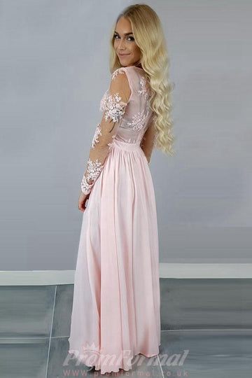 V Neck Long Sleeves Pink Chiffon Slit Prom Dress with Appliques JTA4571