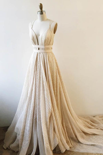A Line V Neck Champagne Lace Prom Dress JTA4581