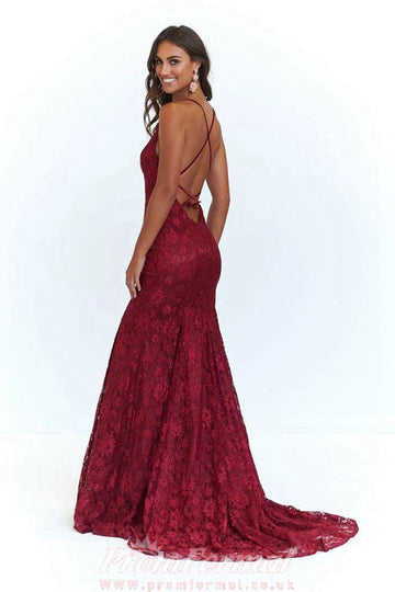 Mermaid Spaghetti Straps Burgundy Lace Prom Dress JTA4701