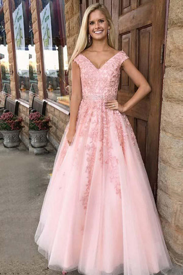 A Line V Neck Pink Tulle Beaded Appliques Prom Dress JTA4711