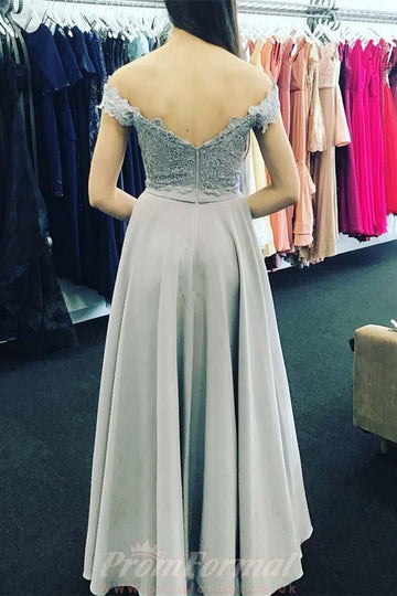 Off The Shoulder Grey Chiffon Prom Dress with Appliques JTA4731