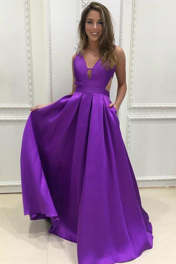 A Line V Neck Grape Satin Prom Formal Dress JTA4771
