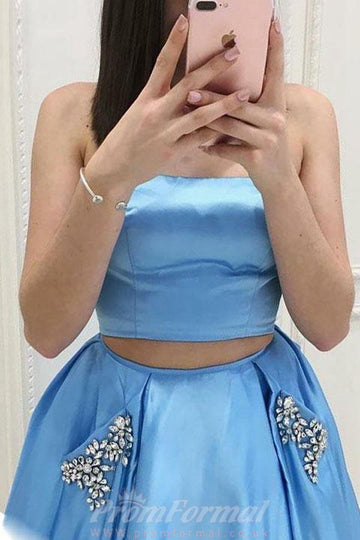 Two Piece Blue Satin Prom Dress with Pockets JTA4791