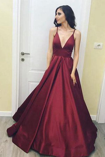 V Neck A Line Satin Burgundy Prom Dress with Pockets JTA4851