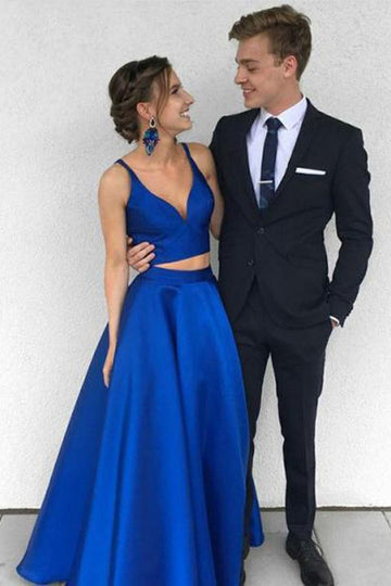 Two Piece V Neck Royal Blue Satin Prom Dress JTA4861