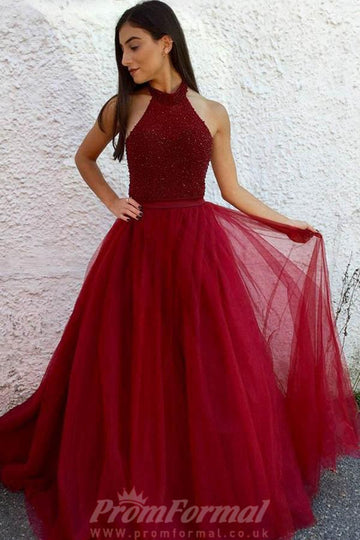 A Line Halter Burgundy Tulle Prom Dress with Beading JTA4901