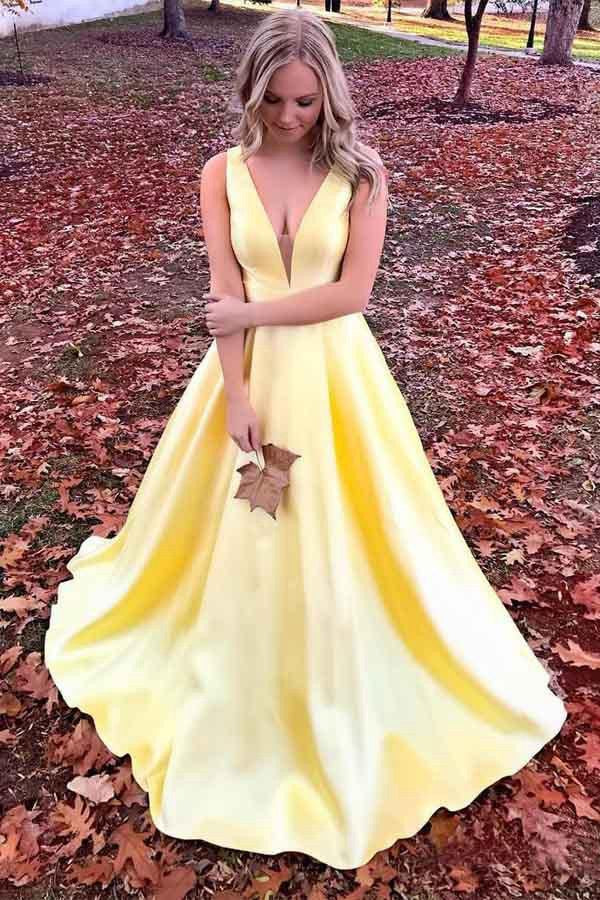 A Line V Neck Satin Yellow Prom Dress with Pocket JTA4911