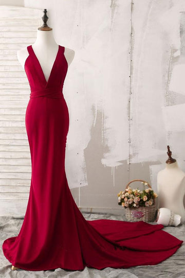 Red Mermaid V Neck Sexy Evening Formal Dress JTA4931