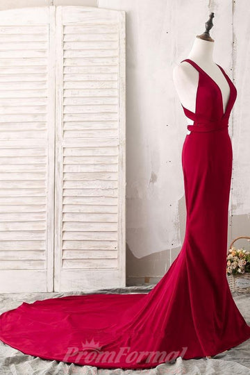 Red Mermaid V Neck Sexy Evening Formal Dress JTA4931