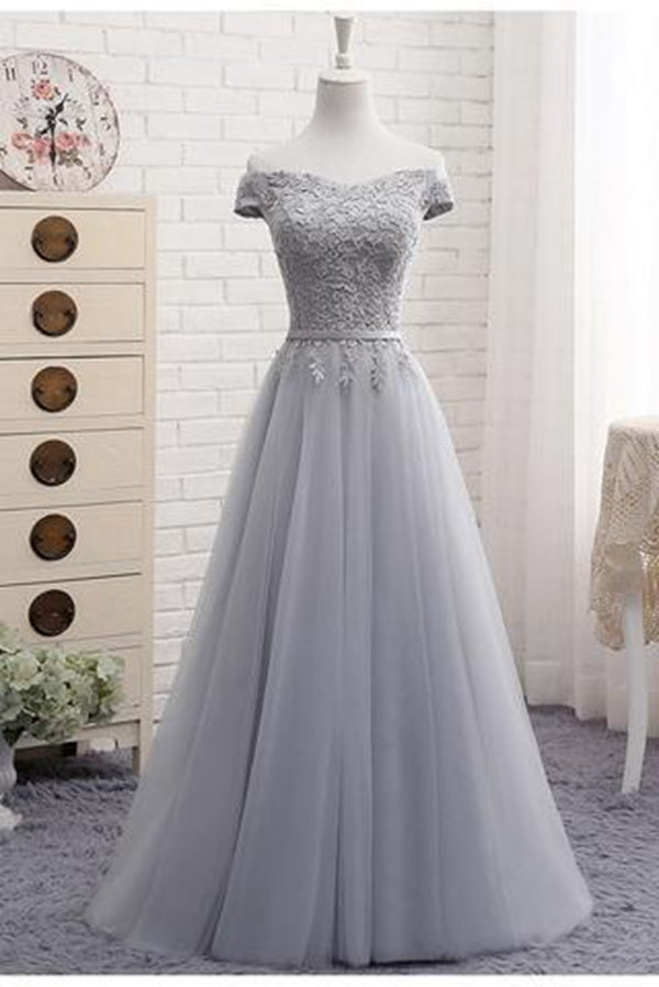 A Line Silver Gray Off The Shoulder Tulle Sweetheart Prom Dress JTA4941