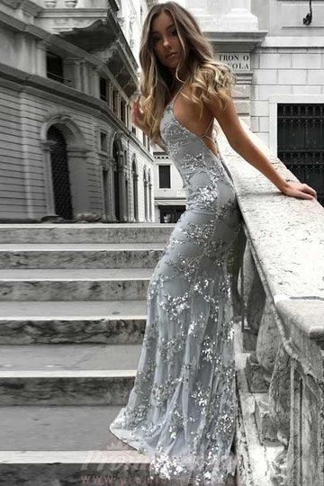 Silver Tulle V-neck Trumpet/Mermaid Long Evening Dress JTA4951