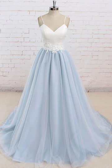 Princess Spaghetti Straps Light Blue Tulle Prom Dress JTA4981