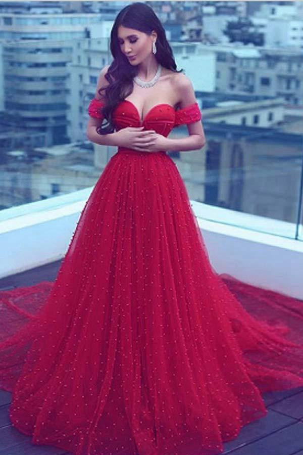 Princess Off The Shoulder Dark Red Tulle Prom Dress JTA5081