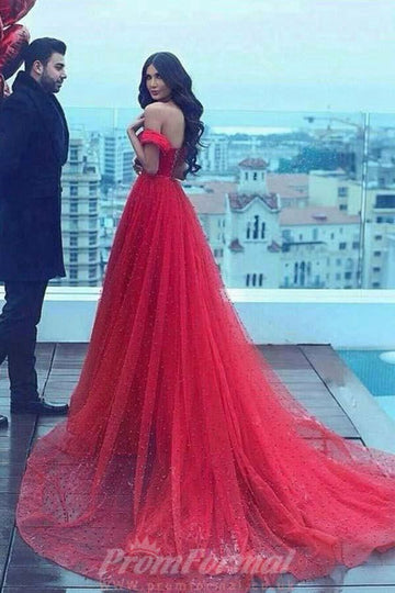 Princess Off The Shoulder Dark Red Tulle Prom Dress JTA5081