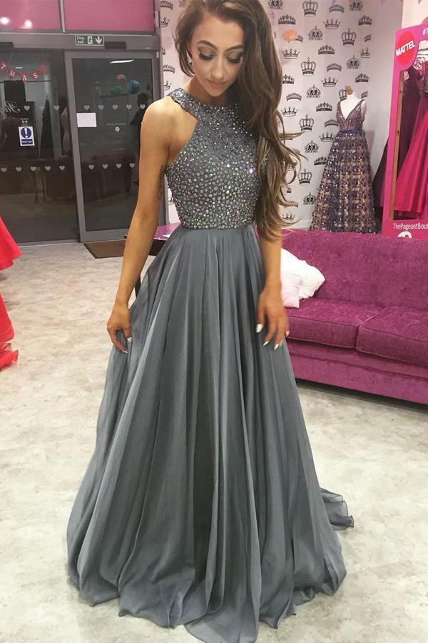 Grey Beaded Dark Long Prom Dress JTA5141