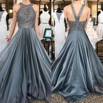 Grey Beaded Dark Long Prom Dress JTA5141
