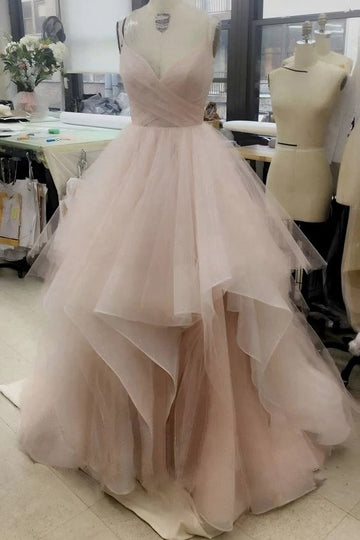 Spaghetti Strpa Tulle Nude Pink Prom Formal Dress JTA5181