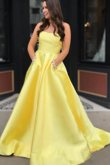 A Line Yellow Prom Formal Dress With Pocket JTA5231
