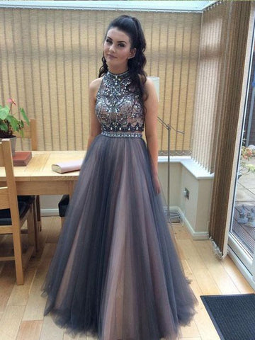 Two Piece A Line Halter High Neck Tulle Beading Prom Dress JTA5241