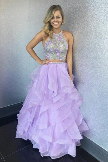 Purple Two Piece Halter Prom Dress JTA5281