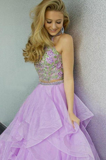Purple Two Piece Halter Prom Dress JTA5281