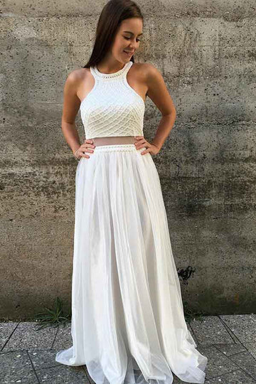 A Line Open Back White Prom Party Dress with Beading JTA5301