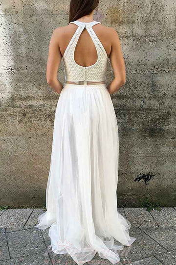 A Line Open Back White Prom Party Dress with Beading JTA5301