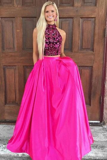 Two Piece High Neck Fuchsia Satin Prom Dress with Beading JTA5311