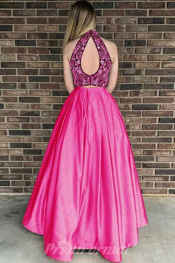 Two Piece High Neck Fuchsia Satin Prom Dress with Beading JTA5311